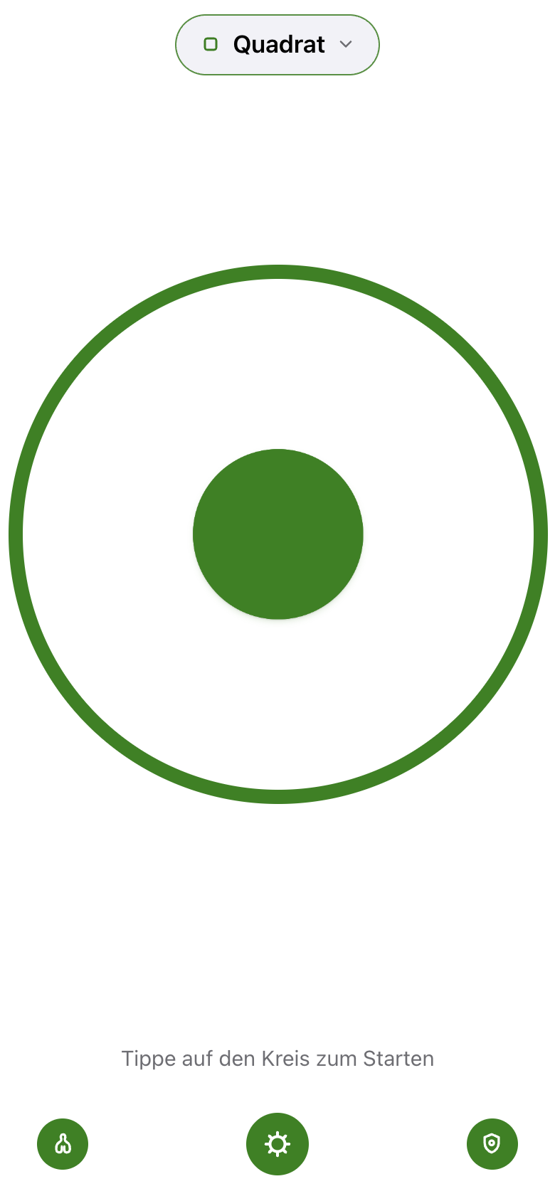 Die Webversion von Breathing in Ruhe: oben die Profil-Pille, in der Mitte der Atemkreis und unten drei runde Tasten.