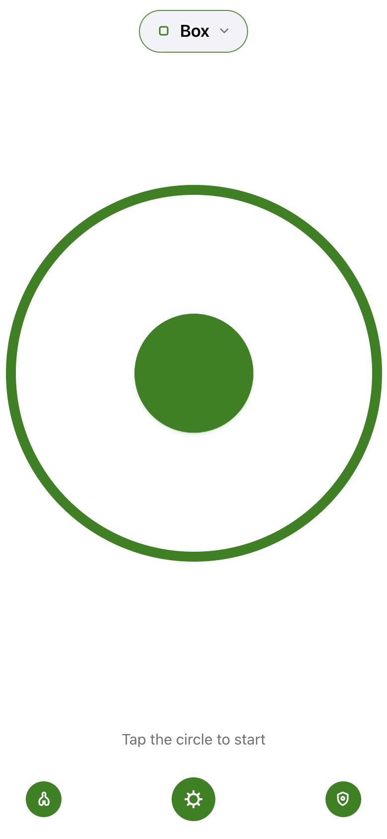 The Breathing web version at rest: the profile pill at the top, the breathing circle in the middle and three round buttons at the bottom.