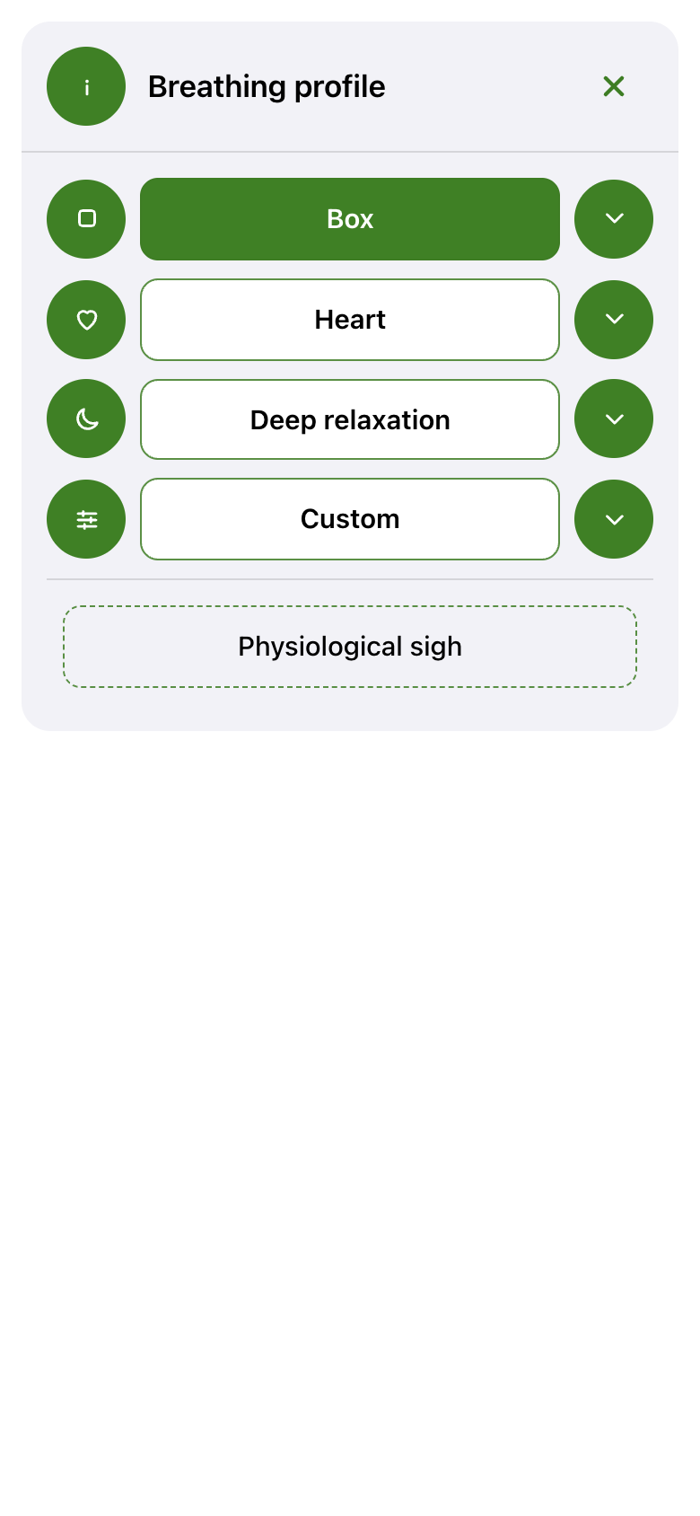 Web version, the breathing profiles — screenshot of 26 August 2026