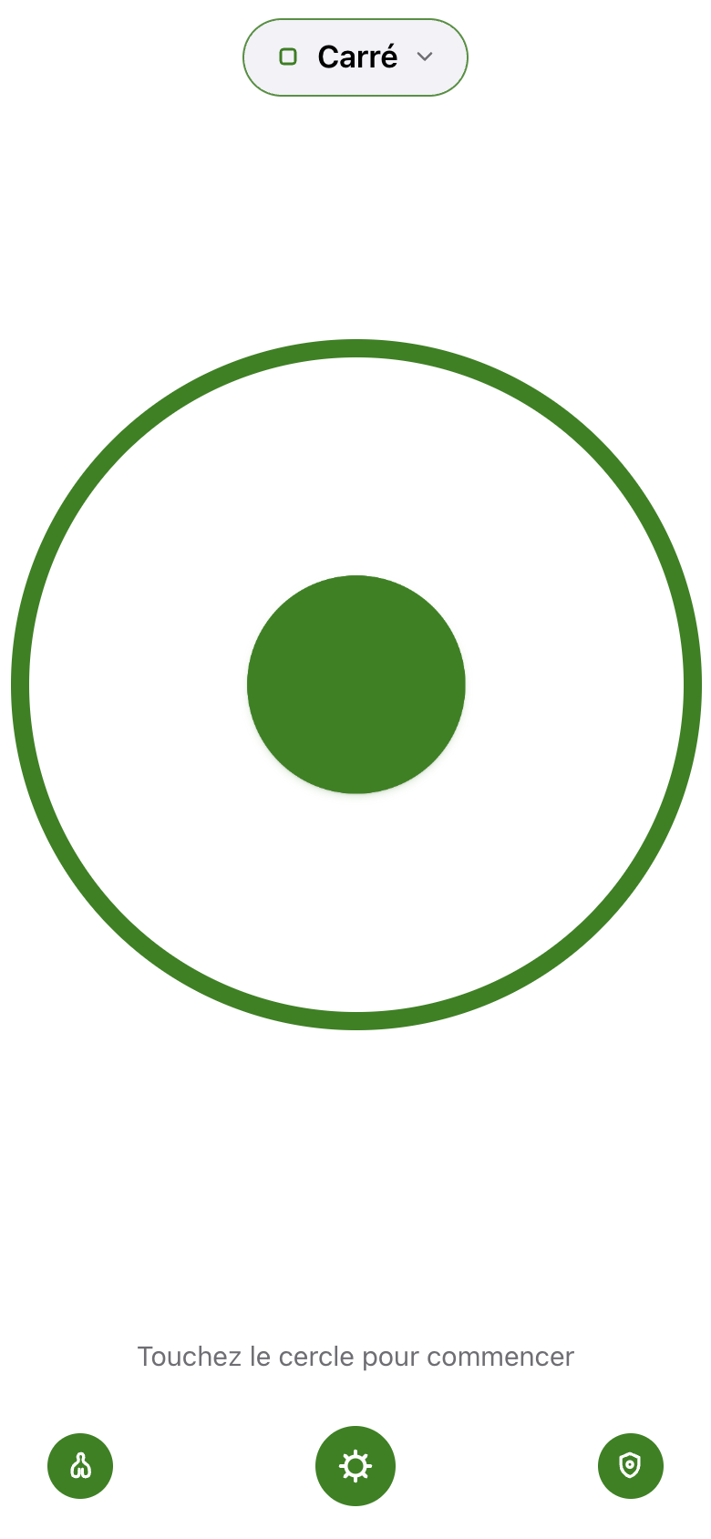 La version web de Breathing au repos : en haut la pastille de profil, au centre le cercle de respiration et en bas trois boutons ronds.