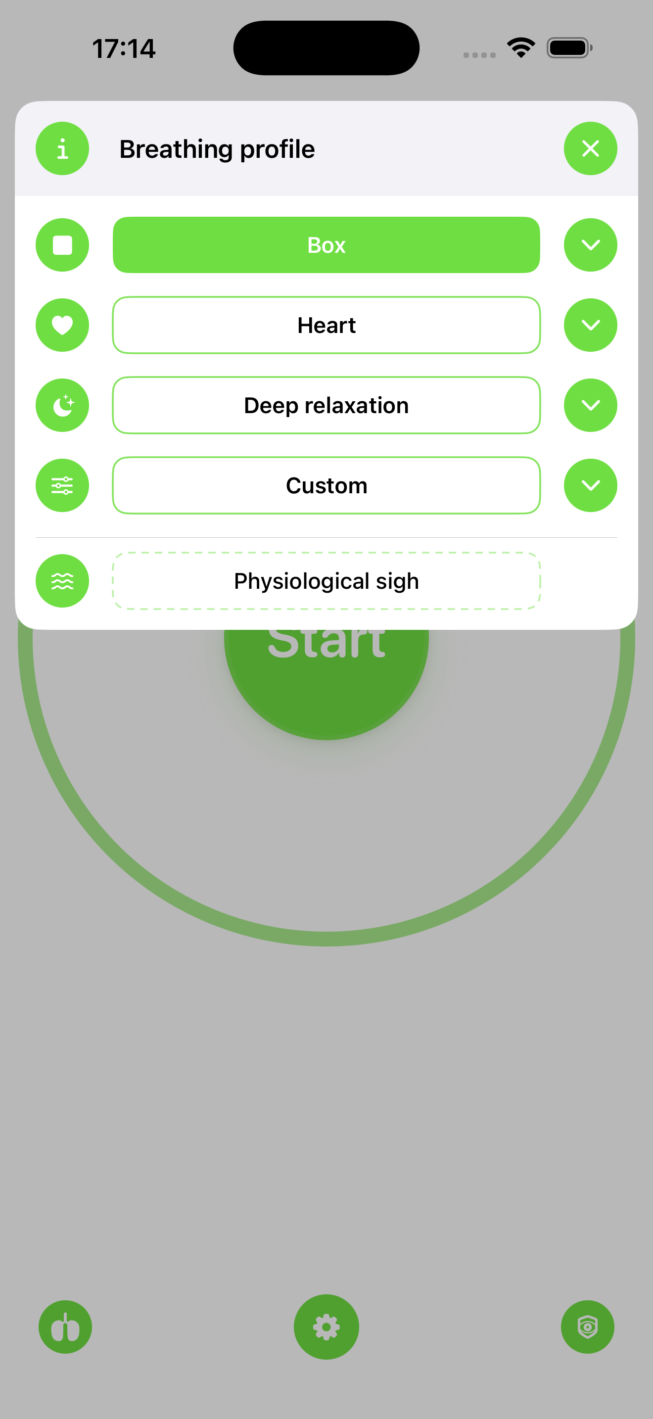 The profile panel: Box, Heart, Deep relaxation, Custom and the physiological sigh