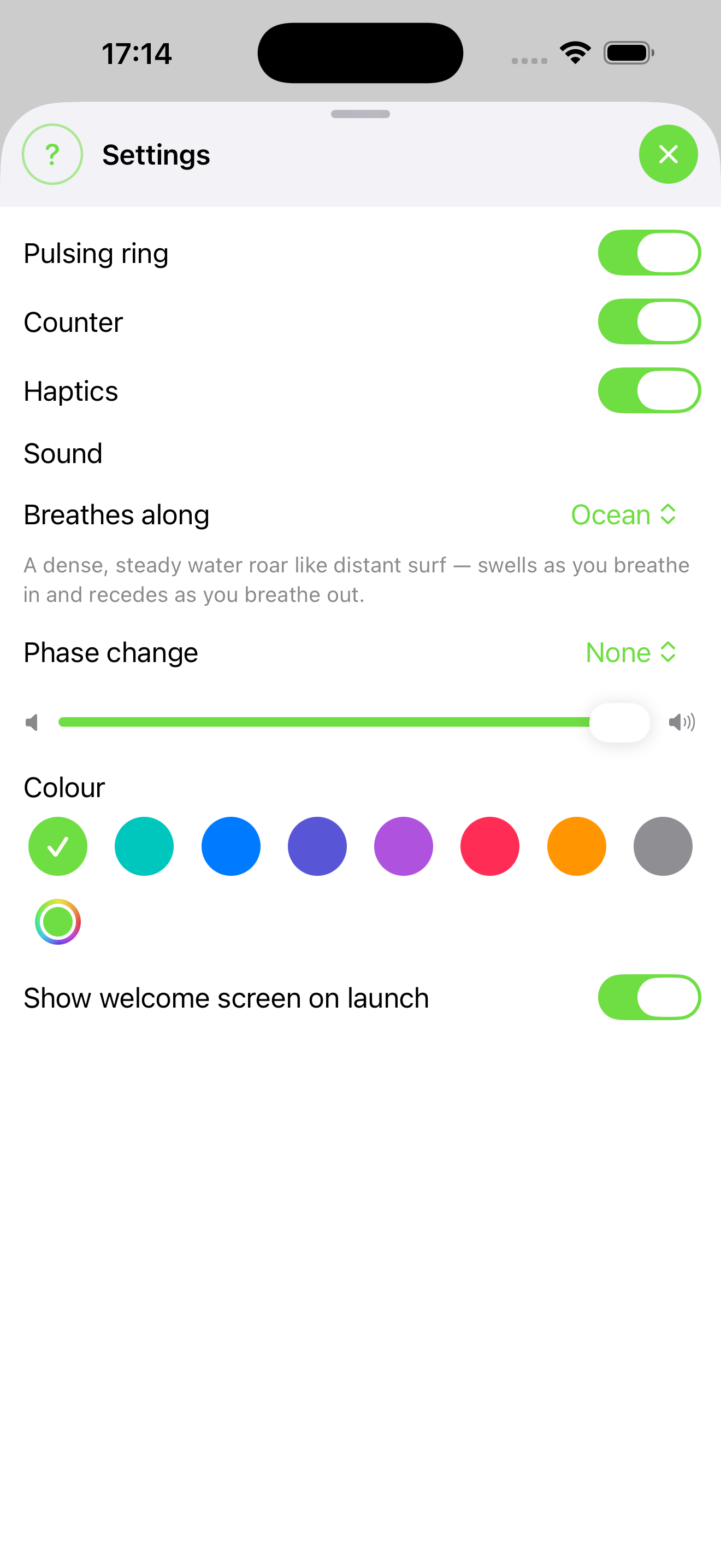 Settings: two sound layers, volume, colours